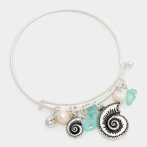 Matte Silver Shell Natural Stone Hook Charm Bracelet Bangle